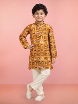 Vastramay - Boys Yellow Rayon Patola Printed Kurta with Pyjama