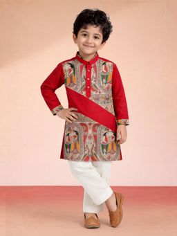 Vastramay - Boys Red Cotton Digital Print Kurta and Pyjama