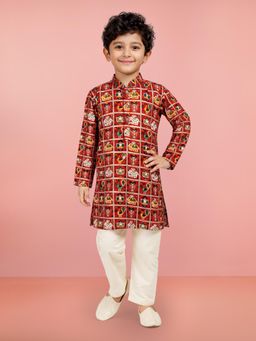 Vastramay - Boys Red Rayon Patola Printed Kurta with Pyjama