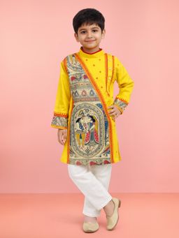 Vastramay - Boys Yellow Cotton Embroidered Kurta with Pyjama