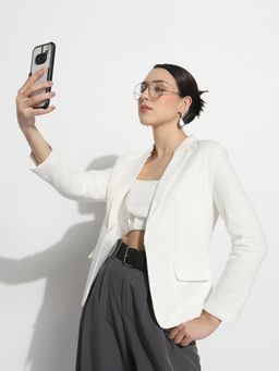 SHOWOFFFF - Women'S Off White Single Breasted Blazer with Shoulder Pads