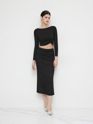 Cider Boat Neckline Solid Twist Long Sleeve Crop Top & Mid Rise Solid Ruched Maxi Skirt