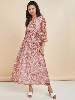 Styli - Multi-color 3/4 Sleeves Floral Print A-line Maxi Dress With Tie Belt (Set of 2)