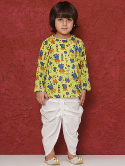 AJ Dezines - Lime Green Full Sleeves Pepa Cartoon Print Kurta & Dhoti (Set of 2)