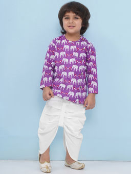 AJ Dezines - Purple Pure Cotton Full Sleeves Elephant Print Kurta & Dhoti (Set of 2)