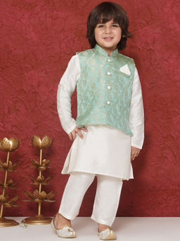 AJ Dezines - Green Brocade Jal Embroidery Kurta Pyjama & Bandi (Set of 3)