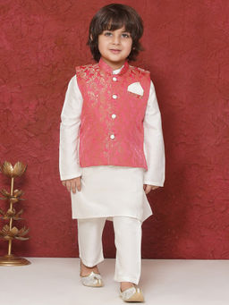 AJ Dezines - Pink Brocade Jal Embroidery Kurta Pyjama & Bandi (Set of 3)