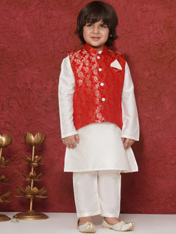 AJ Dezines - Red Brocade Full Sleeves Jal Embroidery Kurta Pyjama & Bandi (Set of 3)