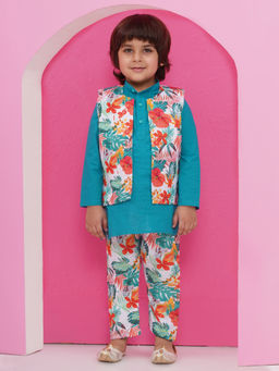 AJ Dezines - Blue Full Sleeves Floral Kurta Pyjama with Nehru Jacket (Set of 3)