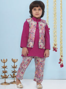 AJ Dezines - Purple Full Sleeves Printed Kurta Pyjama with Nehru Jacket (Set of 3)