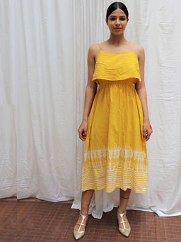 Chidiyaa - Mimosa Yellow Printed Cotton Midi Dress