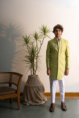 Project Bandi - Lime Dropped Chanderi Achkan With White Kurta And Pajama (Set of 3)