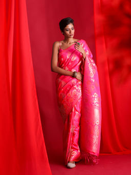 Beatitude - Pink Banarasi Saree with Unstitched Blouse