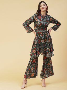 FASHOR - Ethnic Floral Printed & Embroidered A-Line Kurta with Palazzo - Green (Set of 3)