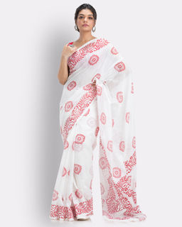 Angoshobha - Indian Women White Festive Cotton Blend Saree with Unstitched