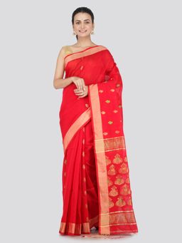 PinkLoom - Women's Cotton Silk Saree With Unstitched Blouse Piece,Red