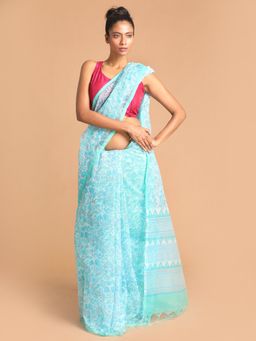 Indethnic - Blue Floral Super Net Saree with Unstitched Blouse