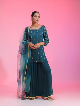 Kudi Pataka Designs - Dhaaree-te Teal Kurti With Sharara & Dupatta (Set of 3)