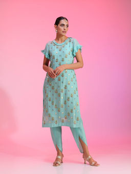 Kudi Pataka Designs - Kali-trq Blue Kurta With Slip & Dhoti (Set of 3)