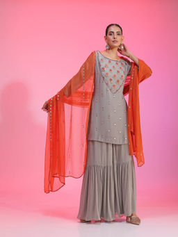 Kudi Pataka Designs - Roohi-go Grey Kurti With Sharara & Dupatta (Set of 3)