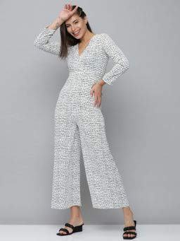 SHOWOFF - Womens V-neck White Long Sleeves Printed Basic Jumpsuit