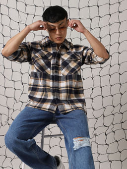 Hubberholme - Men Cotton Check Oversized Fit Spread Collar Full Sleeves Shirt