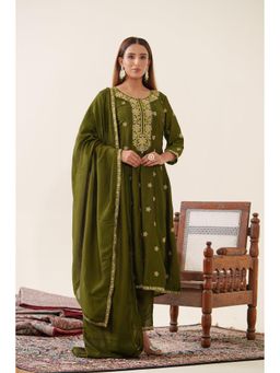Autumnlane - Anila Olive Embroidered Anarkali Kurta with Pant and Dupatta (Set of 3)