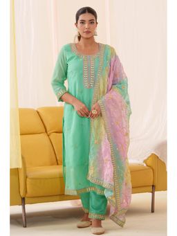Autumnlane - Green Anila Lapis Embroidered Got Patti Work Kurta with Pant and Dupatta (Set of 3)