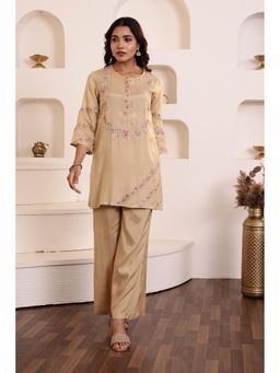 Autumnlane - Beige Raya Honey Embroidered Kurta and Palazzo (Set of 2)