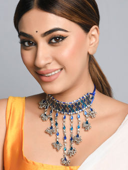 Fida - Ethnic Silver Plated Navy Enamel Teardrop Choker Necklace for Women