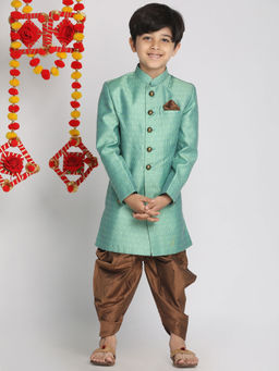 Vastramay - Boys Green And Coffee Indowestern Sherwani and Cowl dhoti pant (Set of 2)