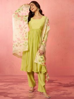 Vastramay - Green Silk Blend Anarkali Kurta with Pant & Dupatta
