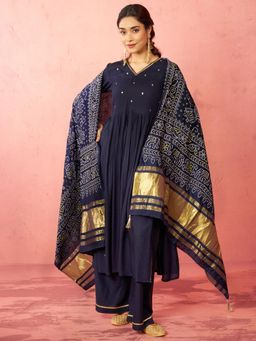 Vastramay - Navy Blue Rayon Anarkali Kurta with Pant & Dupatta