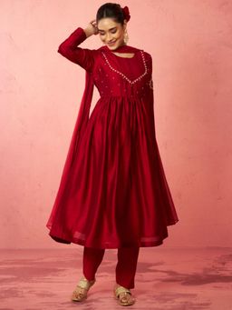 Vastramay - Maroon Silk Blend Anarkali Kurta with Pant & Dupatta