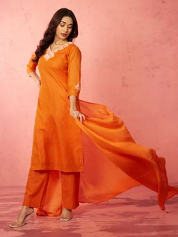 Vastramay - Orange Chanderi Straight Kurta with Pant & Dupatta