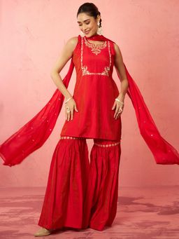 Vastramay - Red Cotton Blend Straight Kurta with Sharara & Dupatta
