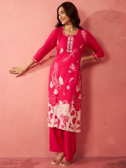 Vastramay - Pink Rayon Mirror Work Kurta with Palazzo