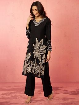 Vastramay - Black Rayon Mirror Work Kurta with Pant