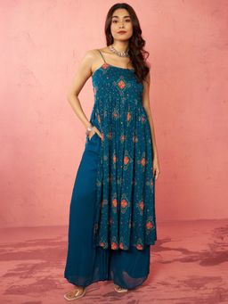 Vastramay - Teal Chinon Sequin Anarkali Kurta with Palazzo
