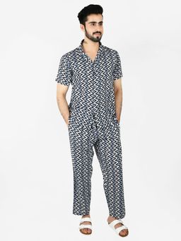 Blissence - Navy Blue Cotton zic-zag Printed Co-Ord Set