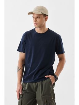 Snitch - Navy Blue Solid Half Sleeves Slim T-shirt for Men