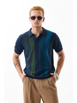 Snitch - Navy Blue Stripes Half Sleeves Polo T-shirt for Men