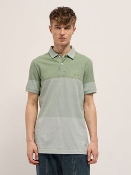 The Bear House - Men's Slim Fit Green Colo Block Cotton Polo T-shirt