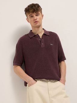 The Bear House - Men's Relaxed Fit Burgundy Textured Cotton Polo T-shirt