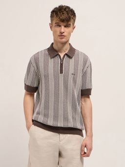 The Bear House - Men's Relaxed Fit Brown Textured Cotton Polo T-shirt