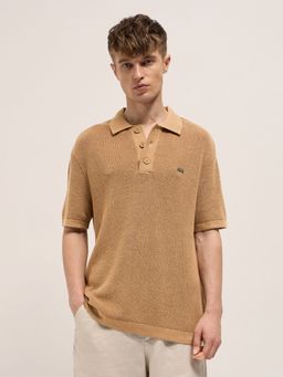 The Bear House - Men's Relaxed Fit Mustard Textured Cotton Polo T-shirt