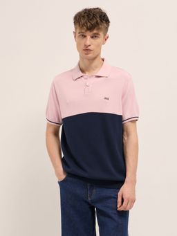 The Bear House - Men's Regular Fit Pink Colo Block Cotton Polo T-shirt