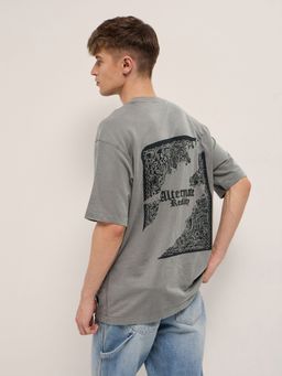 The Bear House - Men's Oversized Fit Grey Printed Cotton T-shirt