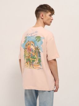 The Bear House - Men's Oversized Fit Pink Cityscape Graphic Print Cotton T-shirt