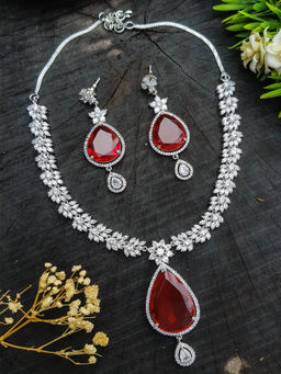 GRIIHAM - Premium Silver Plated Red Long Necklace Set